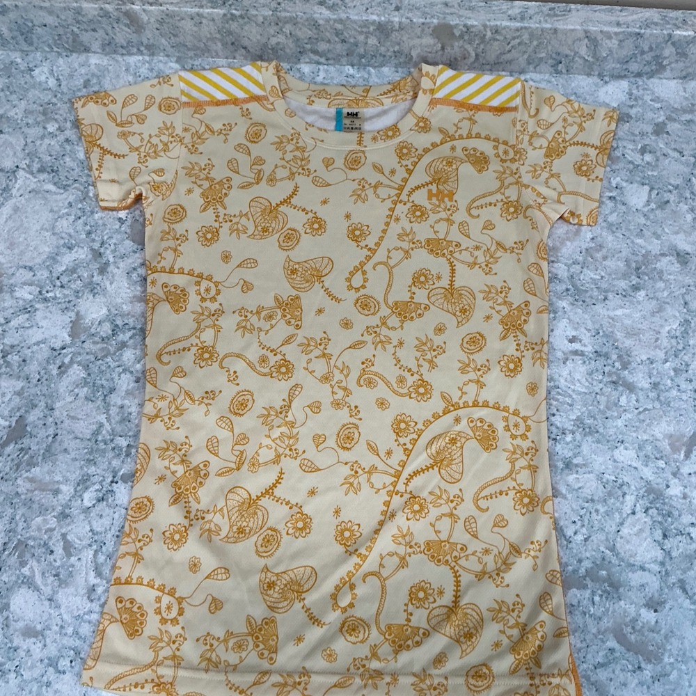 Helly Hansen Base Layer Lifa Stay Dry XS Yellow Floral Paisley Short Sleeve Top